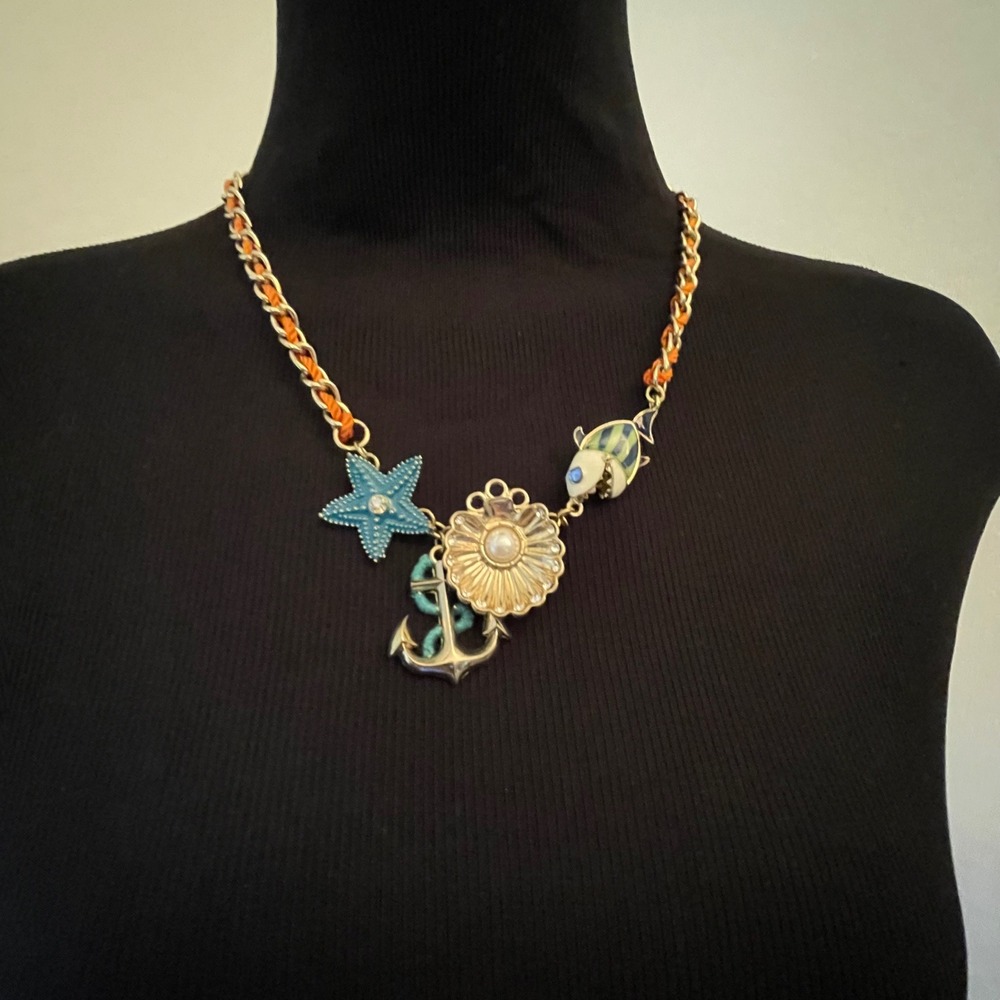 Nautical Charm Necklace Starfish Anchor Seashell Fish Orange‎ Cord Gold Tone